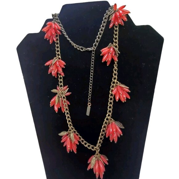 BabelBar Pink Coral Bead Cluster Tassel Necklace Gold Tone Chain Leaf 28"+3" - Picture 1 of 6
